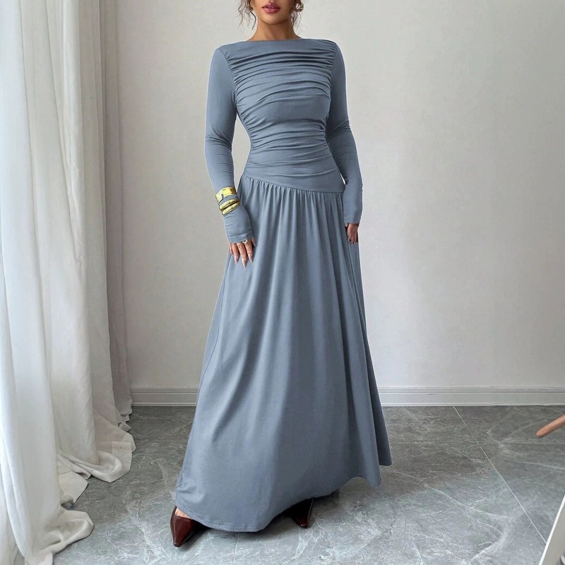 Robes de soirée élégantes pour femmes, col bateau modeste, couleur unie, manches longues, robe maxi plissée et fluide pour les occasions quotidiennes et les soirées.