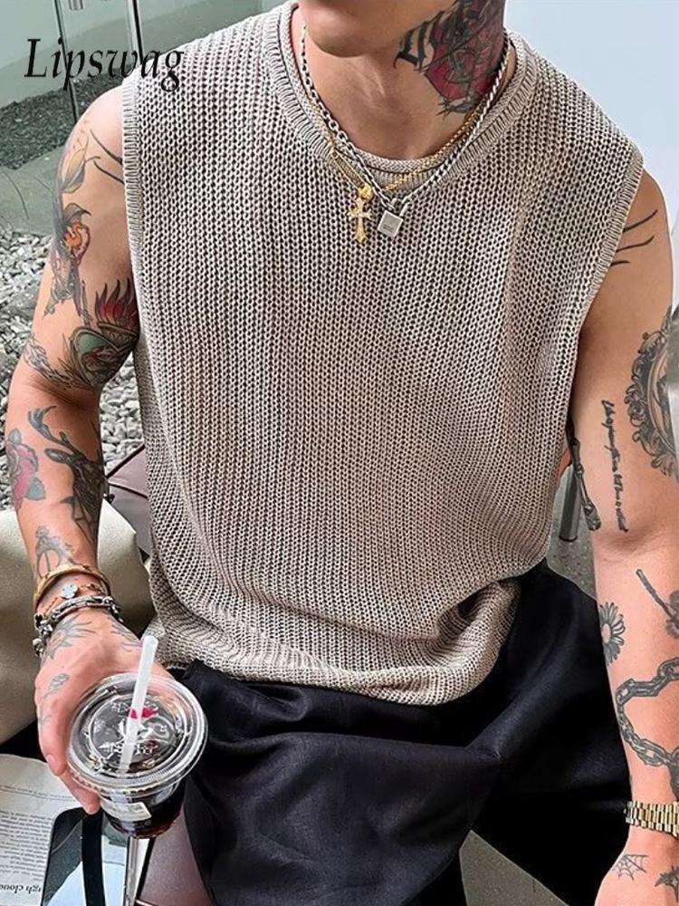 Débardeurs d'été décontractés pour hommes, style plage, ajourés, couleur unie, tricotés, col rond, élégants