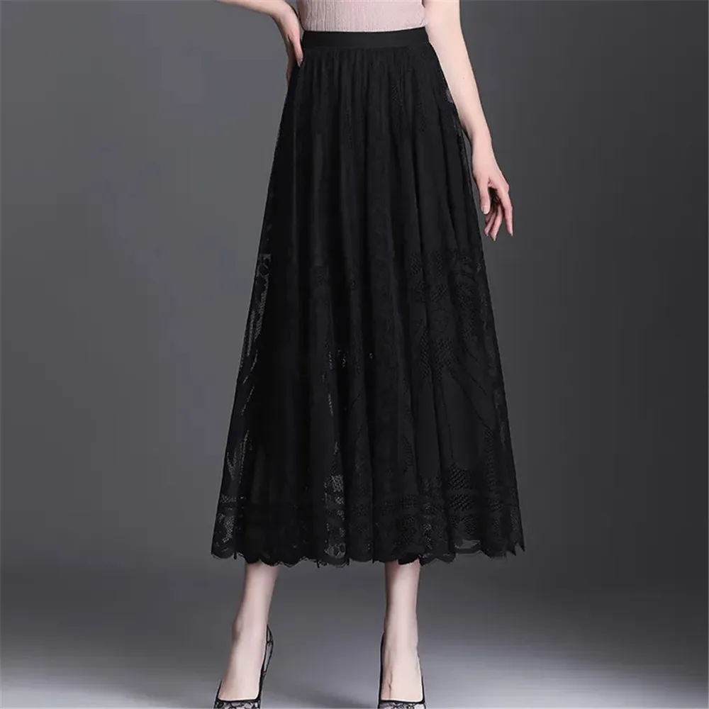 Jupe longue en dentelle taille haute pour femmes, nouvelle jupe noire A-Word, robe de bureau élégante pour dames, grande balançoire, gaze, jupe plissée creuse Streetwear