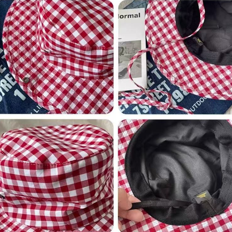 Chapeaux Bob Vintage à Carreaux pour Femme, Polyvalents, Style Pêcheur avec Lacets, Grande Bordure, Protection Solaire UV pour l'Été
