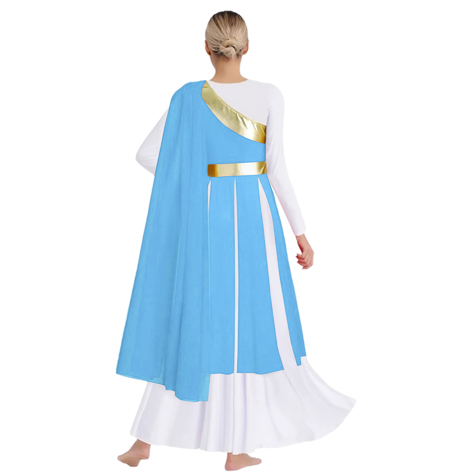 Costume de spectacles de danse de Ballet pour femmes, robe tunique asymétrique épaule dénudée avec drapé, ourlet fendu métallique brillant