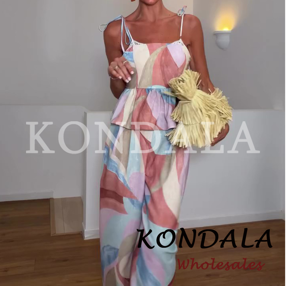 KONDALA Fashion 2026 Ensemble décontracté imprimé pour femme, idéal pour les vacances à la plage : débardeur slim et pantalon long à jambes larges, élégant pour femme