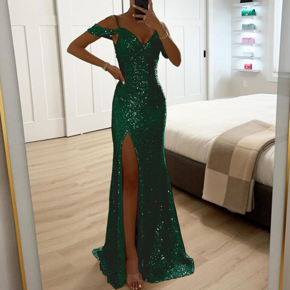 Robe à bretelles à paillettes pour femmes, Sexy, paillettes brillantes, épaules dénudées, col en V, fente latérale, robe de bal, robe de soirée de mariage, Maxi