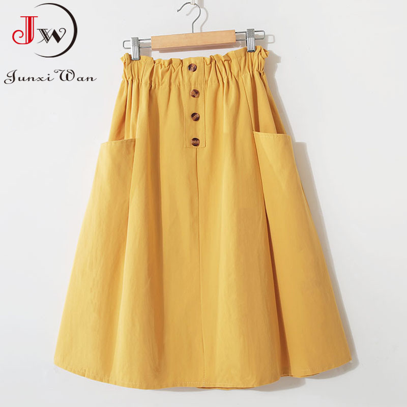 Jupe mi-longue taille haute A-Line avec poche pour femmes, jupes décontractées monochromes pour filles, style coréen élégant, printemps et été