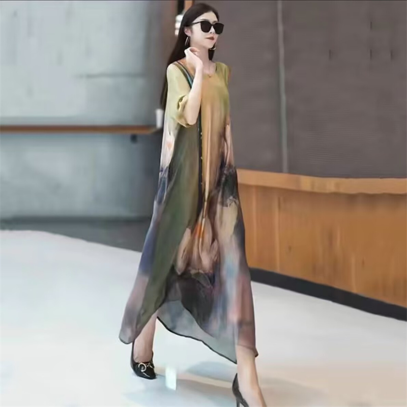 Robe longue amincissante d'été haut de gamme, tendance, style rétro, jupe large avec imprimé floral, coupe ample et amincissante