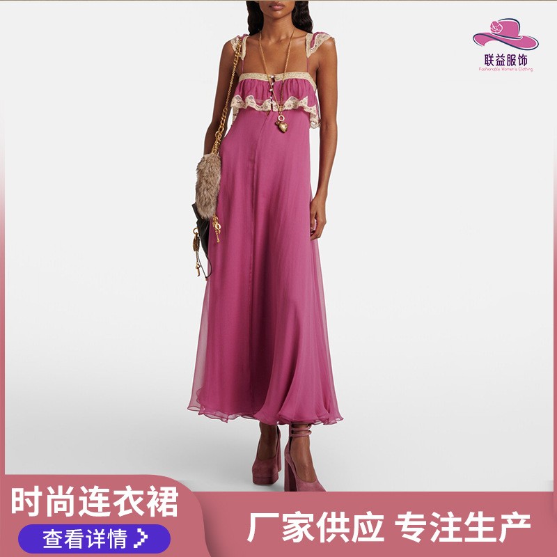 Robe d'été pour femme, robe midi en dentelle, robe d'été sans manches, robe à bretelles spaghetti, robe dos nu, coupe ajustée, rose mauve