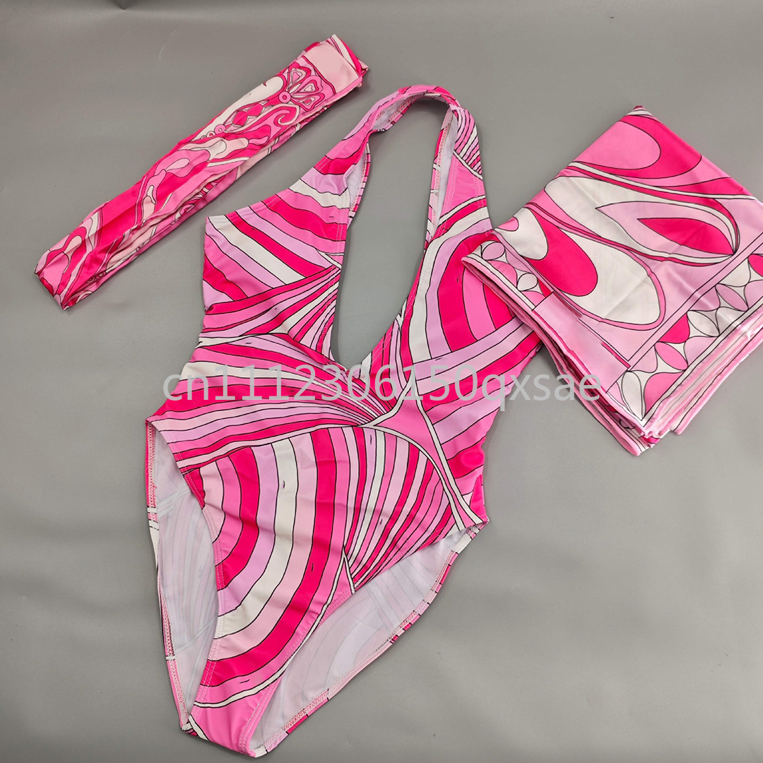 Ensembles de maillots de bain et de bikinis pour femmes, rose, avec foulard bandeau et logo signature, tenues de plage