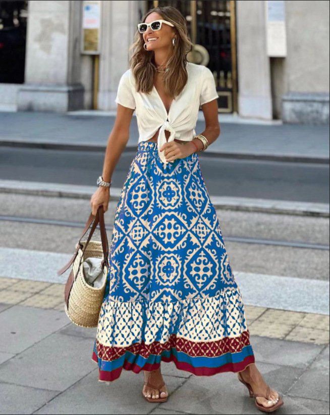 Jupe évasée imprimée à taille élastique pour femme, jupe midi bohème à empiècements, idéale pour la plage et le quotidien