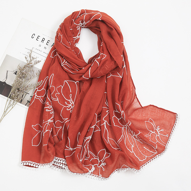 Châle en Viscose avec Dentelle Florale pour Femme, Hijabs de Haute Qualité, Étole Pashmina, Écharpe Musulmane