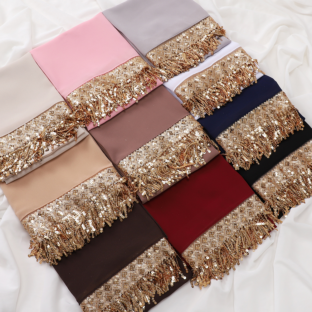 Châles en mousseline de luxe à sequins et pompons, hijabs, foulards longs unis pour femmes musulmanes, couvre-chefs pour mariage, Ramadan, Aïd