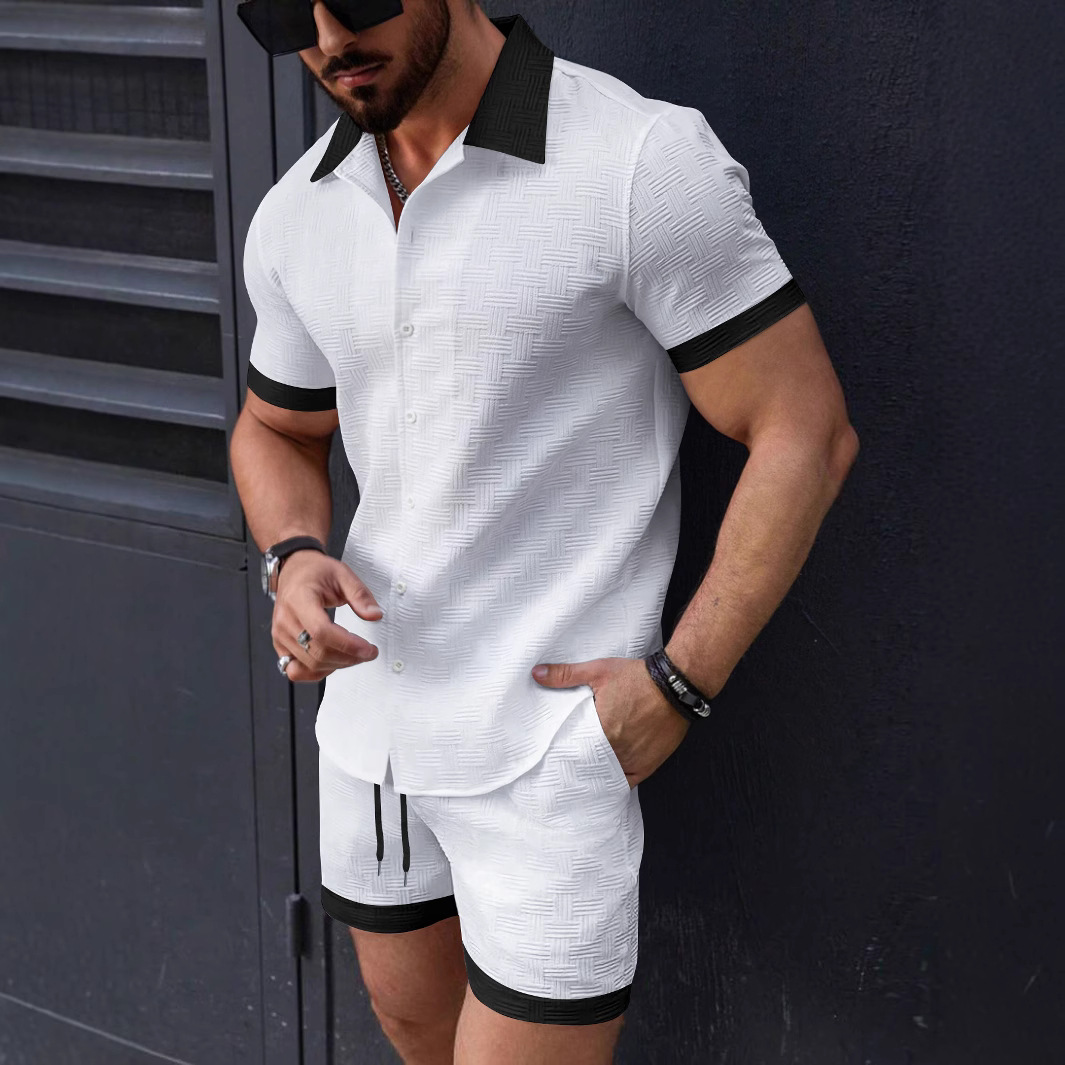 Ensemble assorti tendance pour homme : chemise jacquard à manches courtes en lin et short, ensemble 2 pièces, style plage hawaïenne, ensemble décontracté pour homme, ensemble 2 pièces