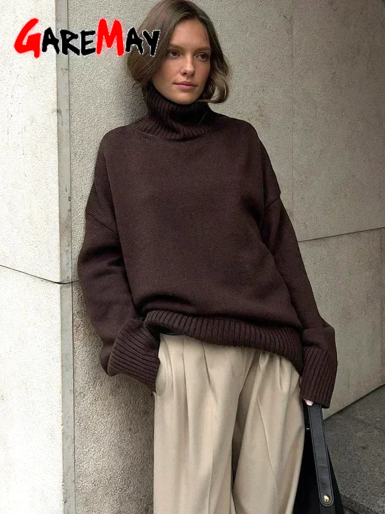 Pull à col roulé surdimensionné pour femme, pull chaud, gris doux, vintage, tout rouge, hiver, 2025