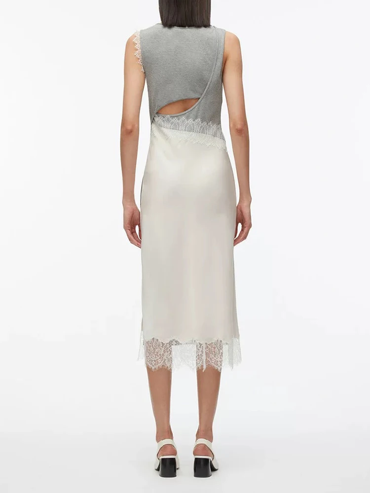 Robe tricotée à col rond pour femmes, sans manches, dentelle patchwork, élégante, mi-longue pour dames