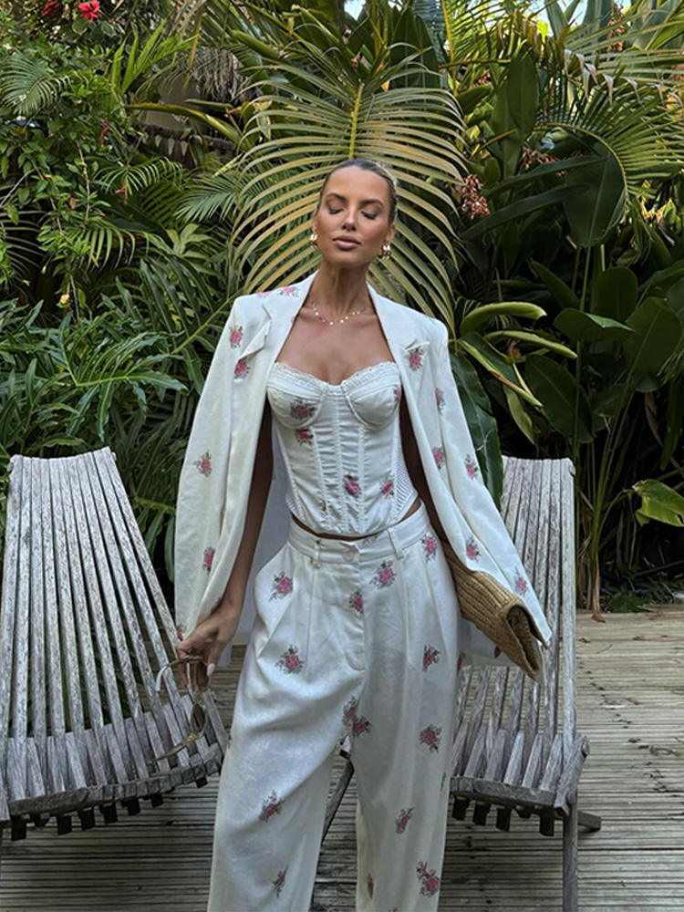 Ensemble décontracté imprimé 3 pièces pour femme : Gilet fleuri, manteau à revers et manches longues, pantalon ample – Collection Chic Été Automne 2026