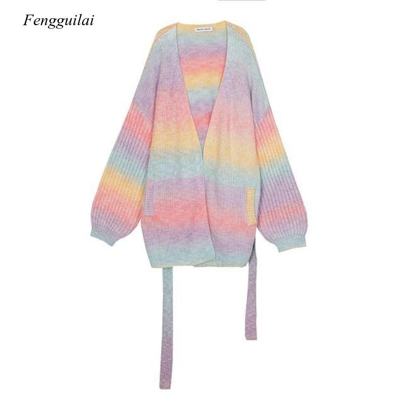 Pull arc-en-ciel tricoté pour femme, manteau tricoté, ample, décontracté, Kawaii, japonais, coréen, hiver, 2021