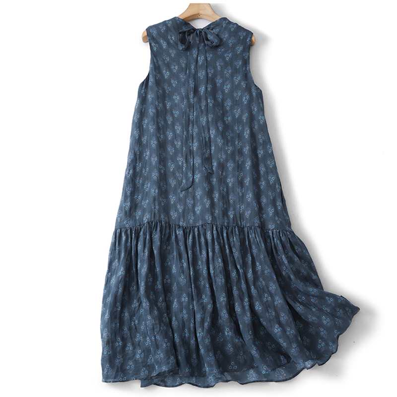 Robe longue rétro à imprimé floral pour femme, sans manches, taille haute, coupe ample, style décontracté, en mélange de coton J271