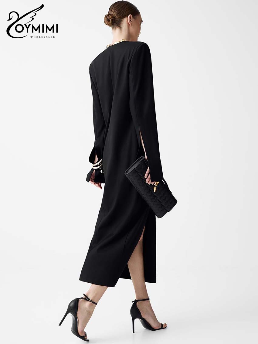 Oymimi élégant noir mince robes 2025 femme décontracté col en v profond à manches longues robes droites mode côté fente mi-mollet robe