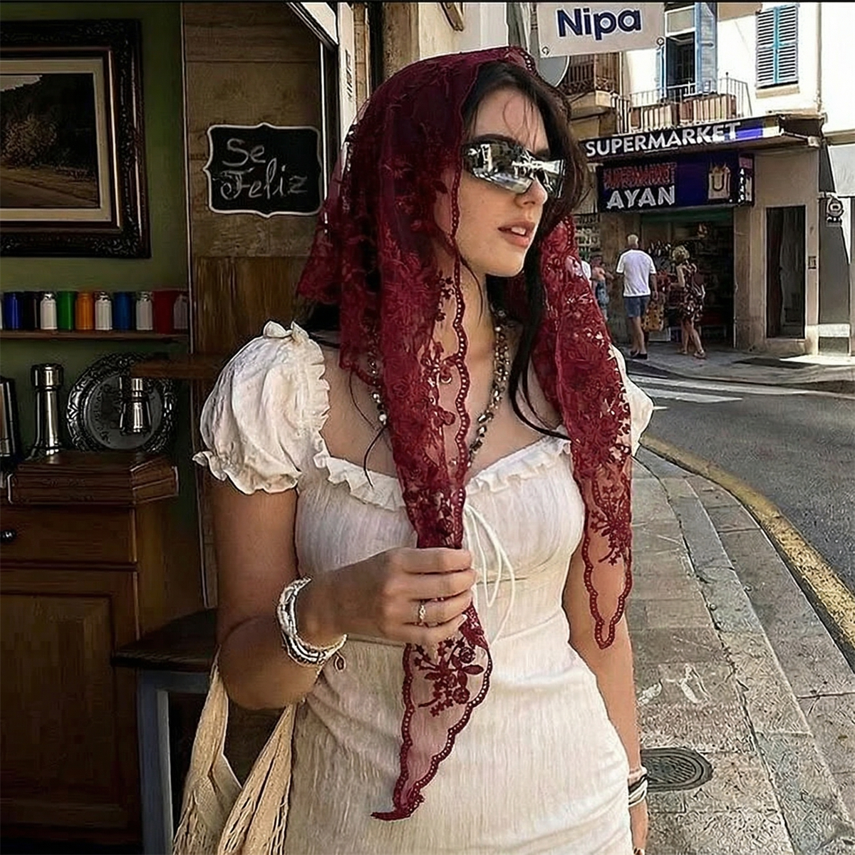 Bandana triangulaire ajouré pour femme, foulard d'été en dentelle et foulard de tête, foulard à nouer pour les cheveux, style bohème, protection solaire pour la plage