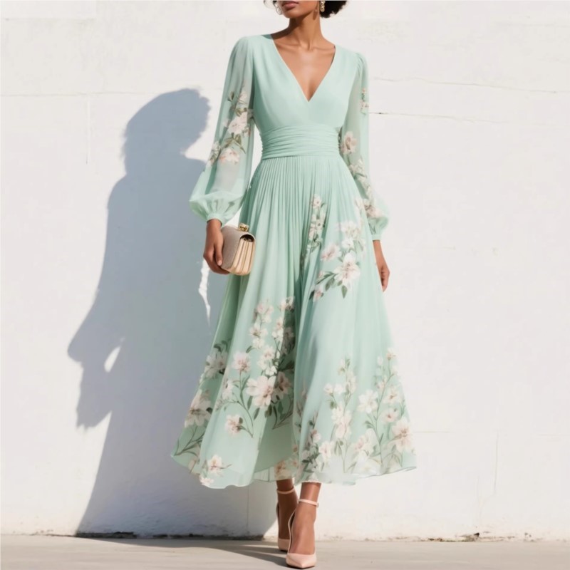 Nouvelle robe élégante pour femmes printemps-été, robe sexy à col en V, imprimé, manches longues, grande robe évasée, robe de fête, robe maxi pour femmes, vêtements