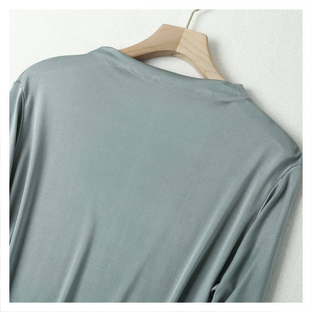 T-shirt en soie tricoté à manches longues pour femme, haut polyvalent à bascule, col rond, couleur unie, soie mûre, printemps et automne