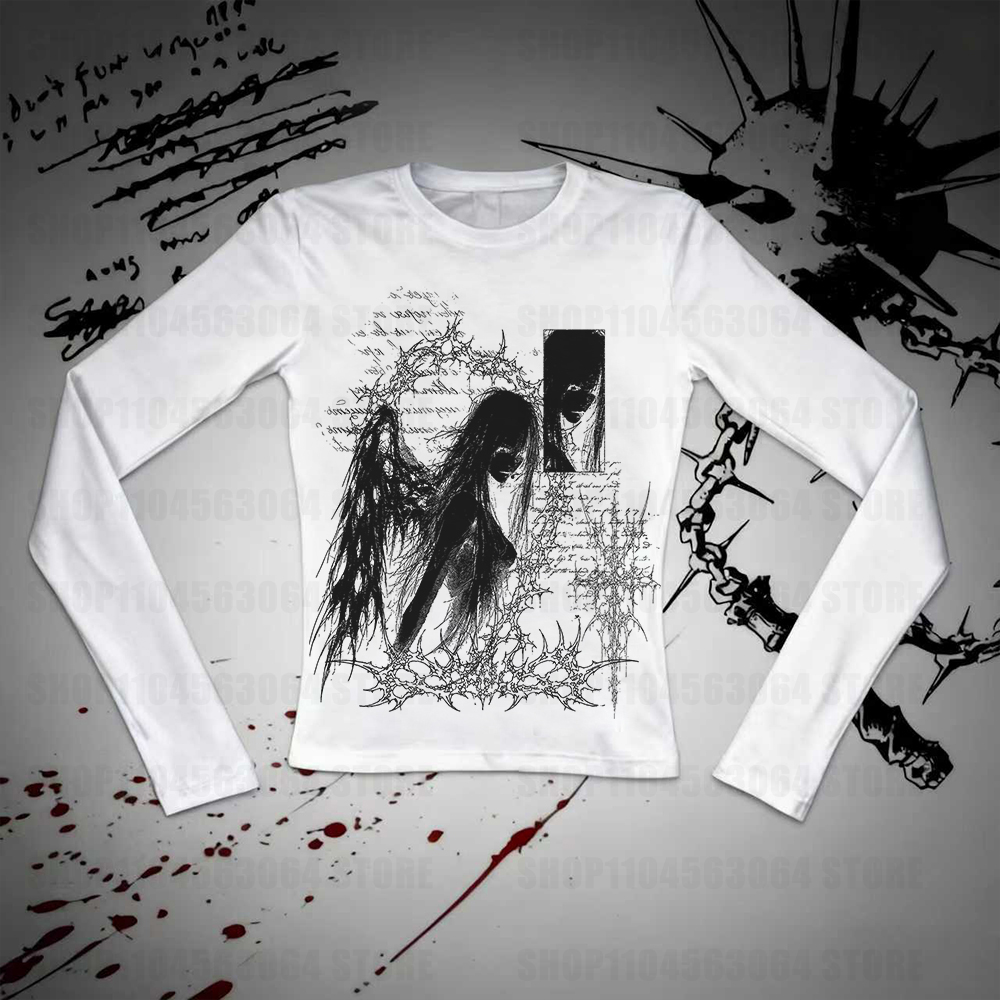 Vêtements grunge pour femmes, vêtements féminins à manches longues, style Shoujo Girl, t-shirts pour bébés, tops Y2k, t-shirts pour femmes, Harajuku Kawaii Kpop