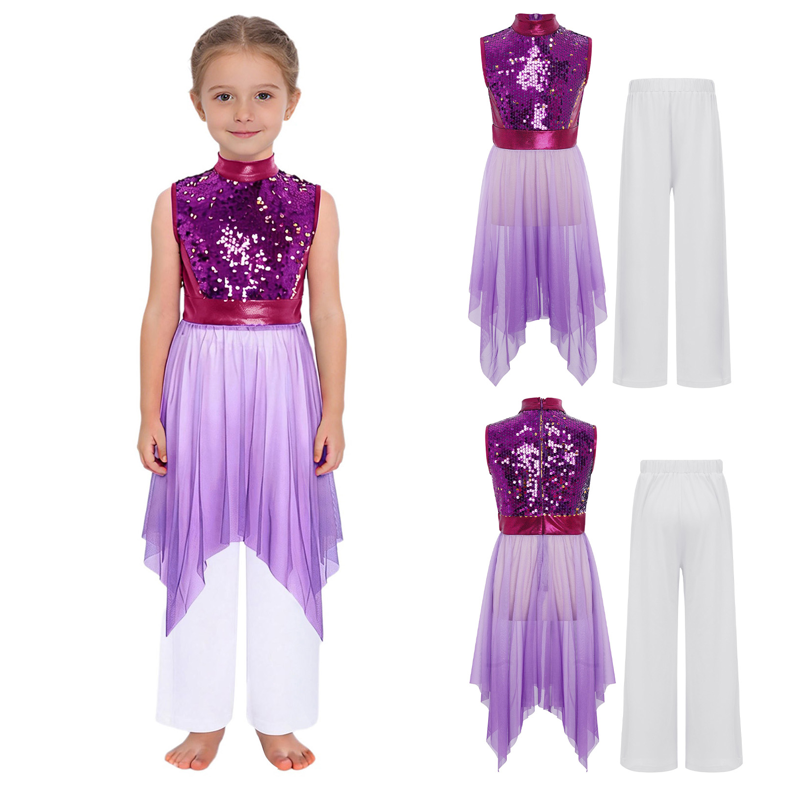 Robe de danse liturgique pour filles, Costume sans manches, ourlet asymétrique, Robe de danse de culte d'église avec pantalon pour la danse lyrique