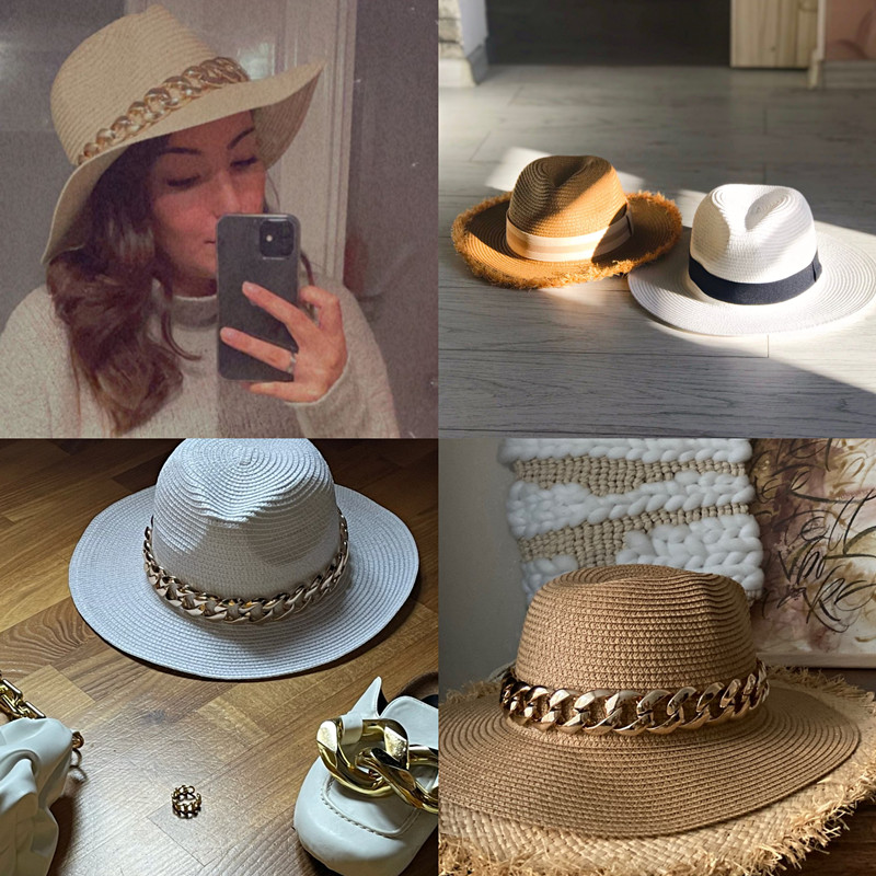 casquettes casquette chapeau femme casquette femme Chapeaux pour femmes, paille de soleil, Panama, chaîne dorée, ceinture pour hommes, printemps, noir, kaki, plage, décontracté, été