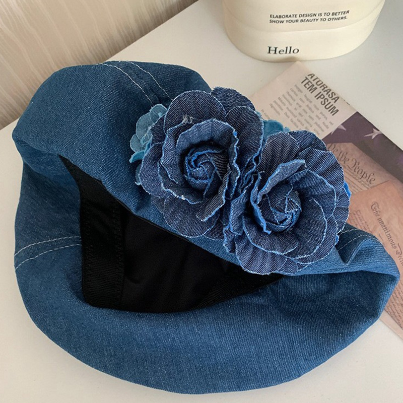 Béret en Denim à fleurs bleues pour femmes, chapeaux octogonaux de couleur unie, à la mode, pour fille coréenne, artiste peintre