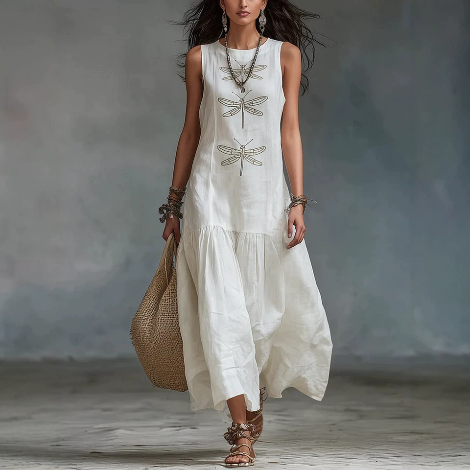Nouvelle Robe Bohème d'Été pour Femme, Col Rond Décontracté, Sans Manches, Longueur Midi, Motif Libellule, Robes Unies pour Femmes, Vestidos 2026