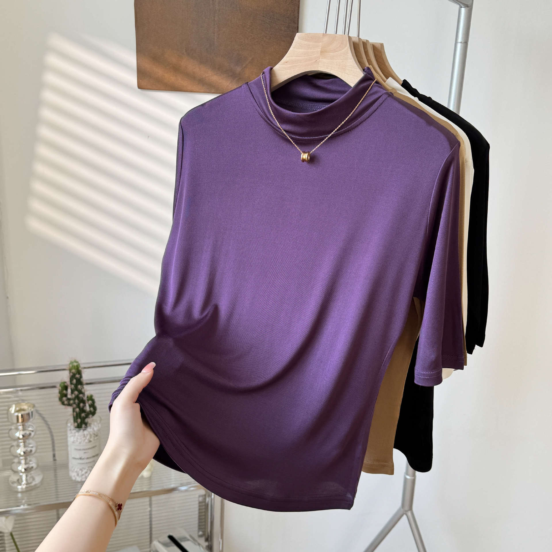 Yuyue's 100% soie de mûrier basique femmes T-shirt couleur unie grande taille demi col rond soie de mûrier haut mi-manches chemise de Base