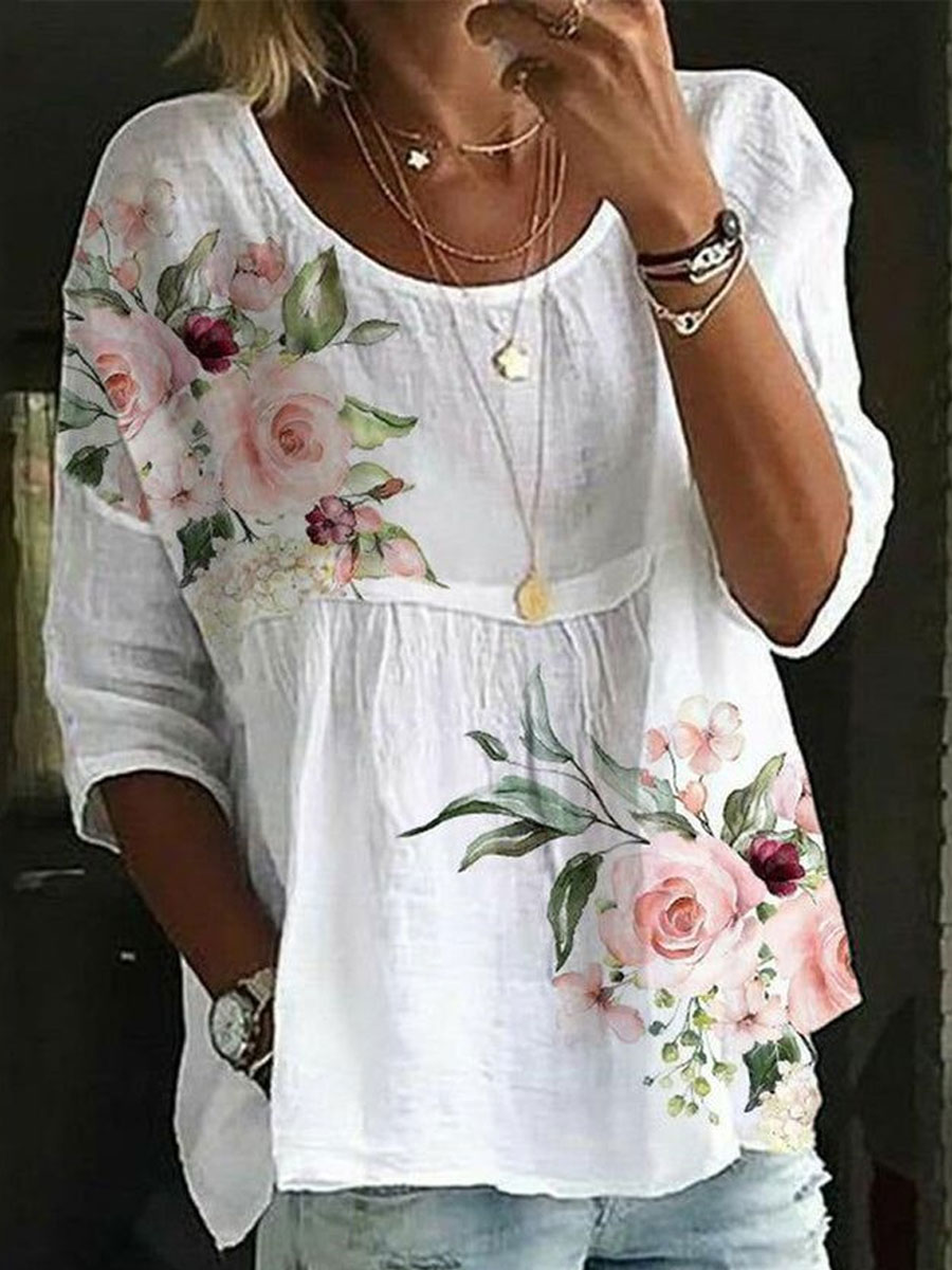 Mode chemise ample femme élégante col rond femme chemise imprimé décontracté femme chemise vacances week-end haut