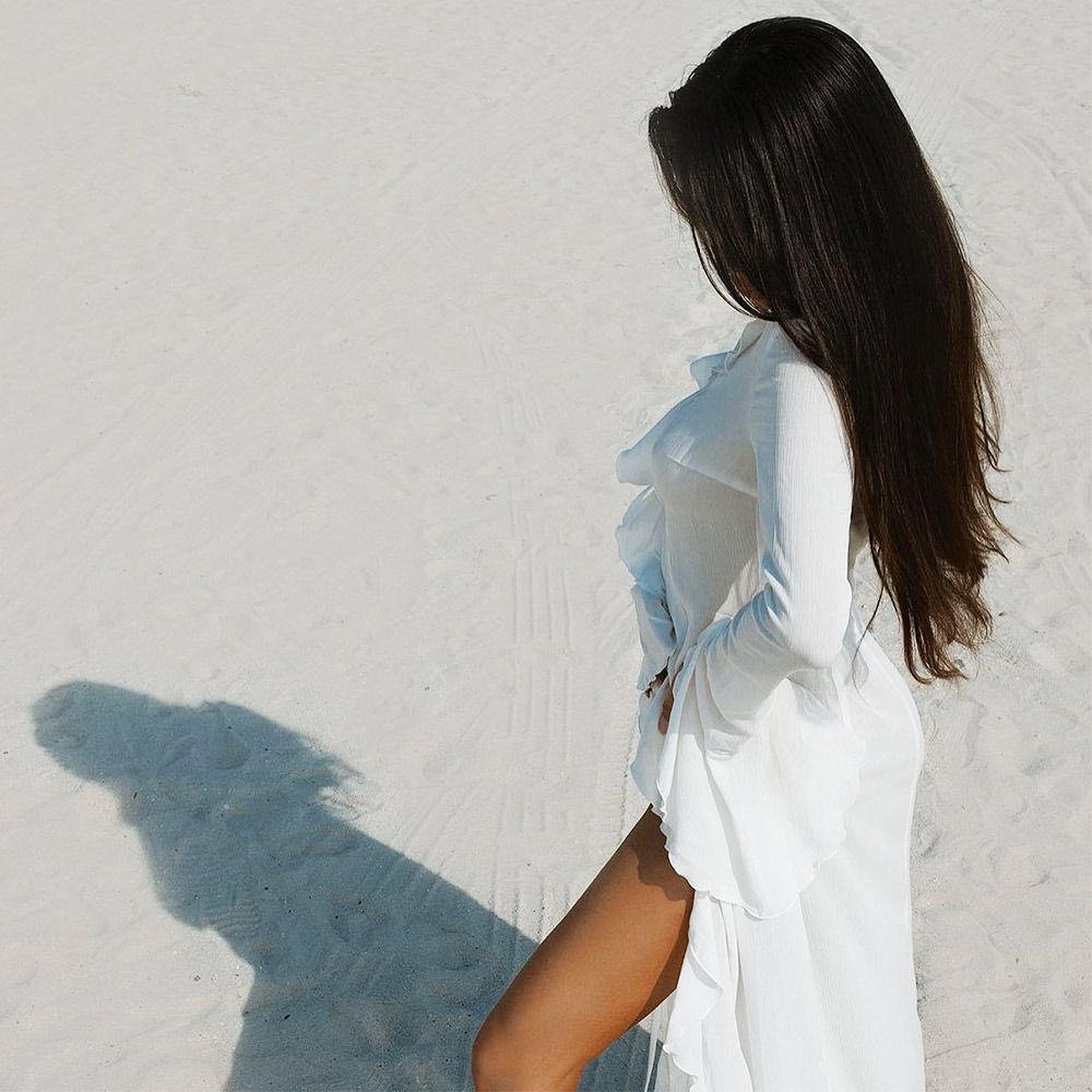 Robe de plage ample à col en V et manches longues à volants, protection solaire pour femme