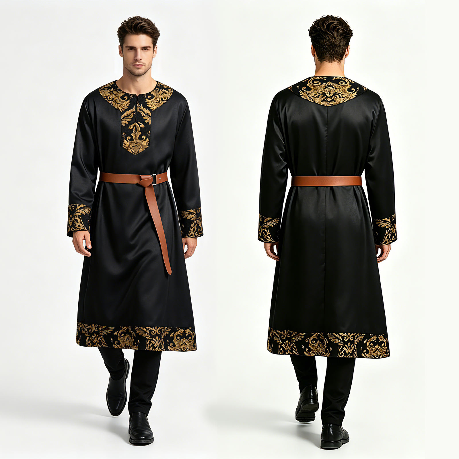 Tunique médiévale Renaissance pour homme, robe longue à manches longues avec ceinture, imprimé baroque doré vintage, costume de cosplay gothique rétro pour Halloween