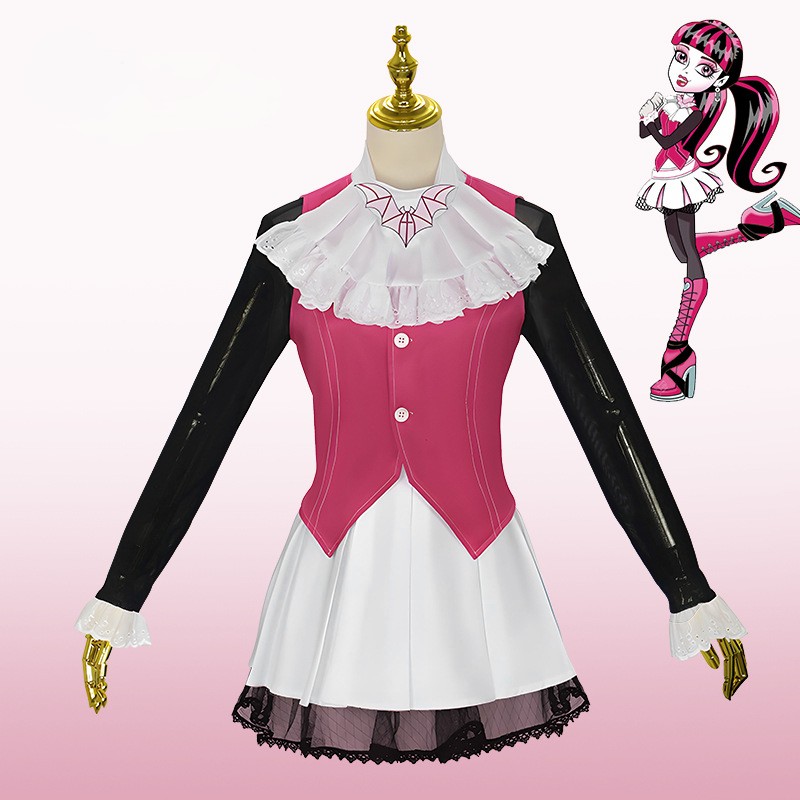 Costume de cosplay Draculaura, robe de vampire gothique Monster High, gilet rose, jupe blanche, tenue de fête d'Halloween pour femmes