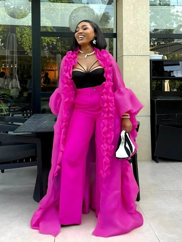 Ensemble deux pièces élégant à volants longs et manches chauve-souris, Kaftan ample, Cape assortie, taille haute, jambes larges, vêtements africains