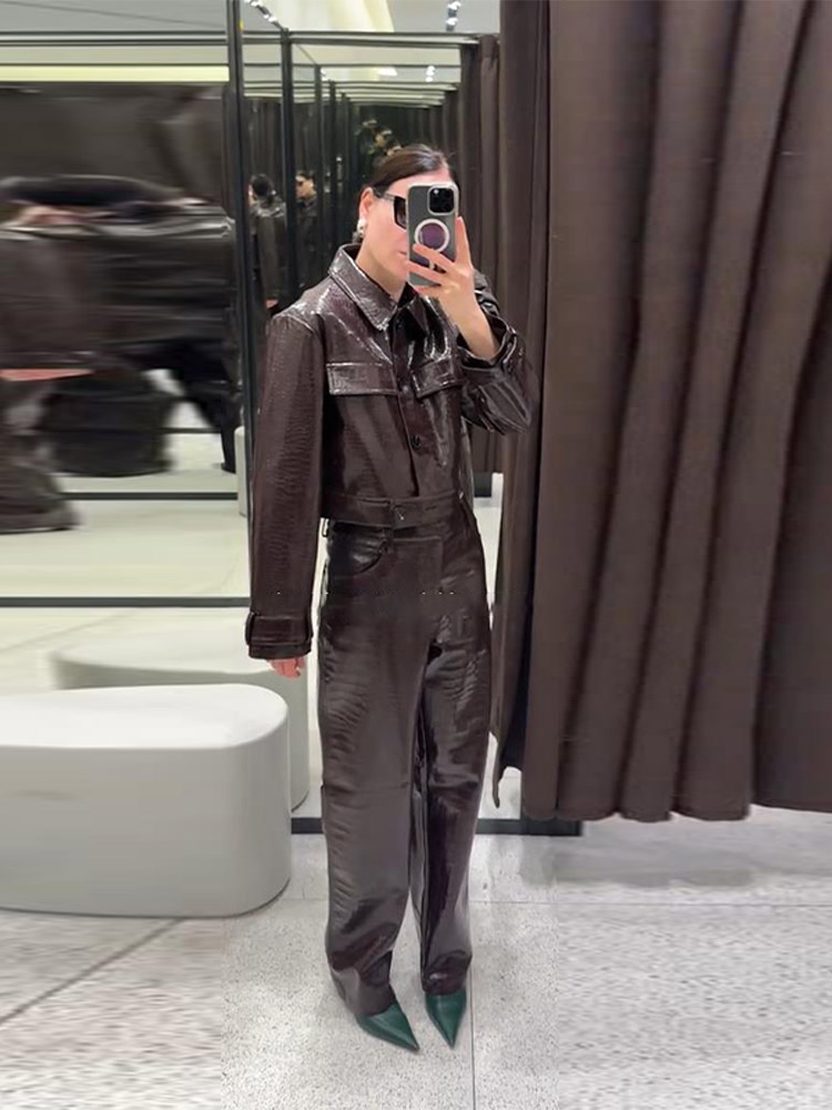 Ensemble pantalon en cuir pour femmes, Chic, simple boutonnage, vestes à manches longues, taille élastique, pantalon droit, costume, tenues pour dames, 2025
