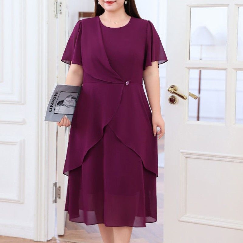 Robe midi à volants pour femmes grandes tailles, couleur unie, manches courtes, col rond, robe de soirée élégante