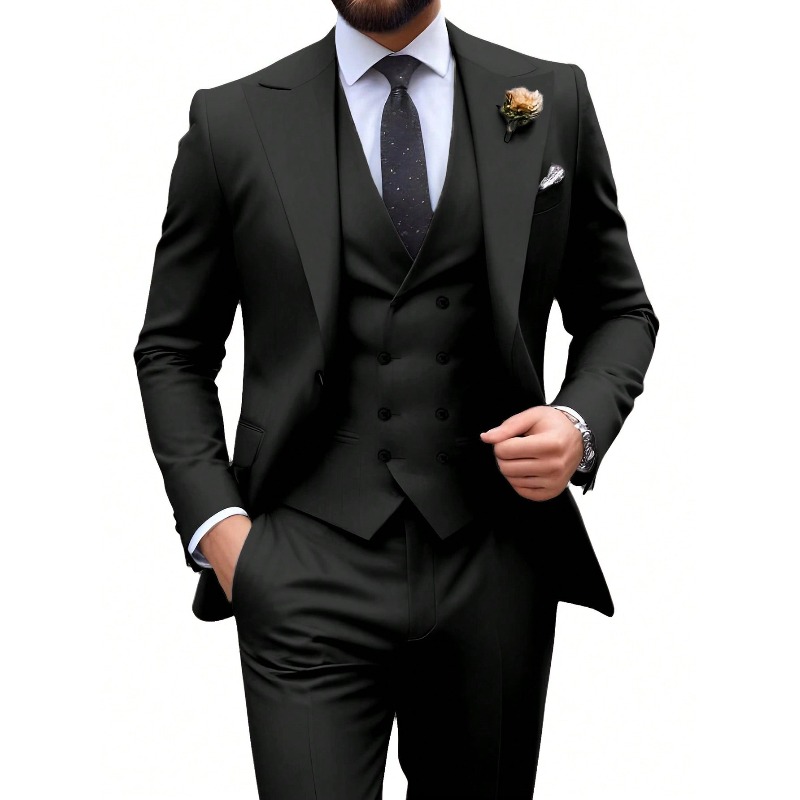 Costume 3 pièces pour homme, élégant, uni, coupe slim, blazer croisé, gilet et pantalon, pour soirée ou affaires