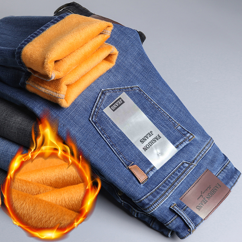 Jean pour homme de marque, chaud, automne-hiver, coupe droite ample, décontracté, en denim épais doublé polaire, taille élastique, pantalon long