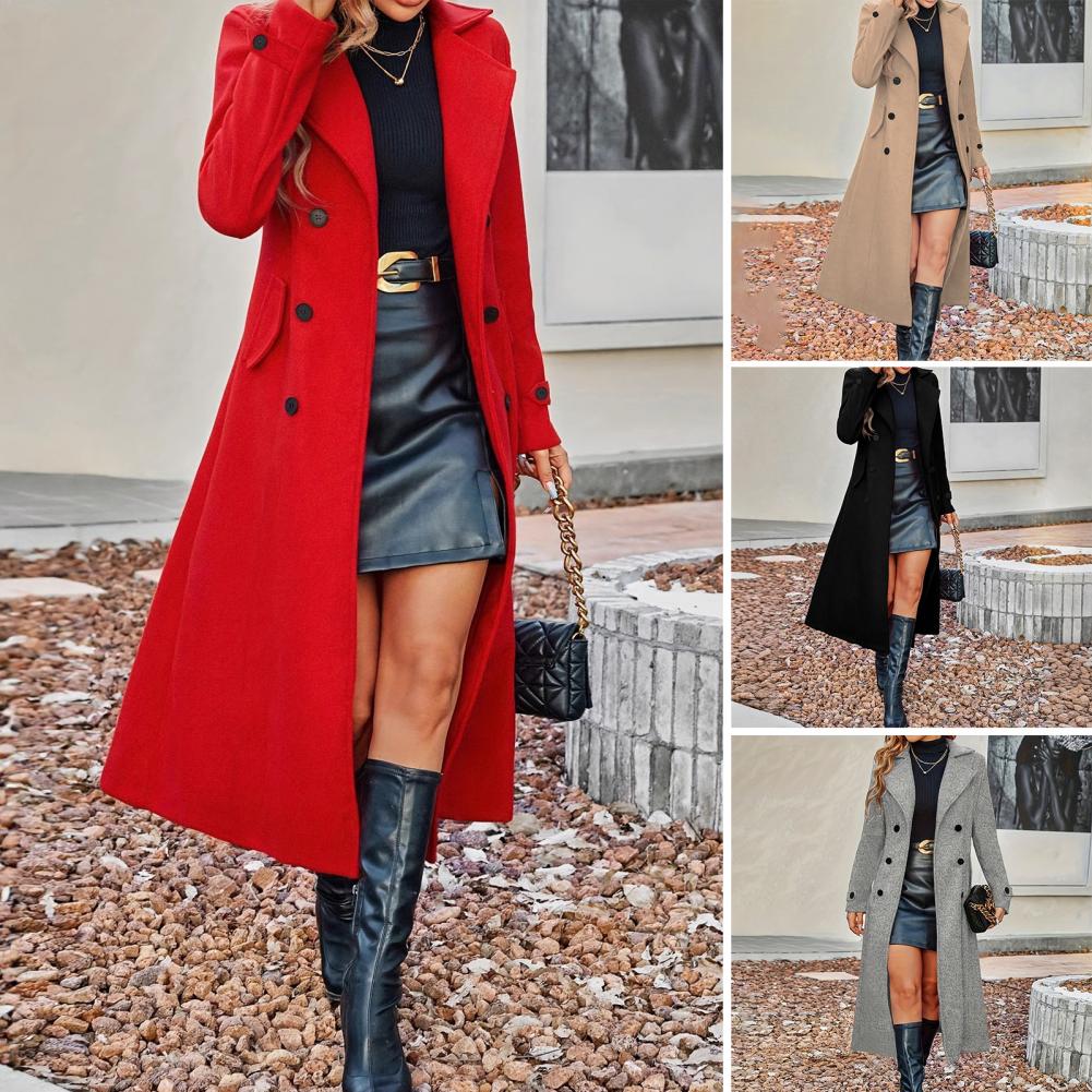 Manteau d'hiver pour femme, long manteau en laine croisé, style Peacoat classique à revers crantés, trench-coat décontracté pour l'automne et l'hiver
