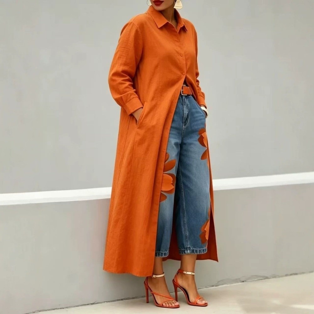 Chemisier tendance à manches longues et col rabattu, élégant et décontracté, couleur unie, coupe ample, style streetwear