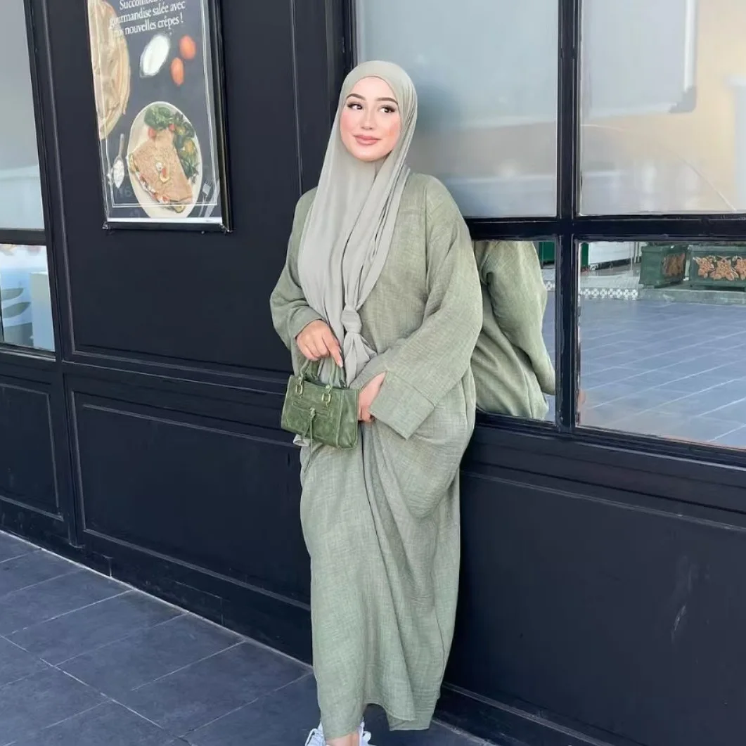 Abaya-Kimono à Manches sulfen Coton et Lin pour Femme, Jalabiya Décontracté, Marocain, Kaftan, Solide, Document Islamique Noir, Éducatif