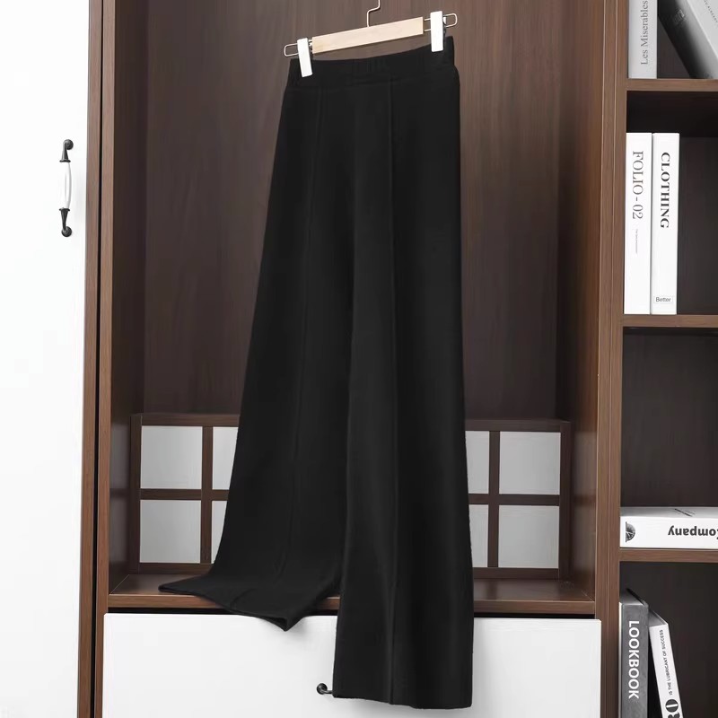Pantalon à jambes larges pour femmes, couture moyenne, forme de jambe modifiée, ample, amincissant, tricoté, taille haute, couleur unie, 2024