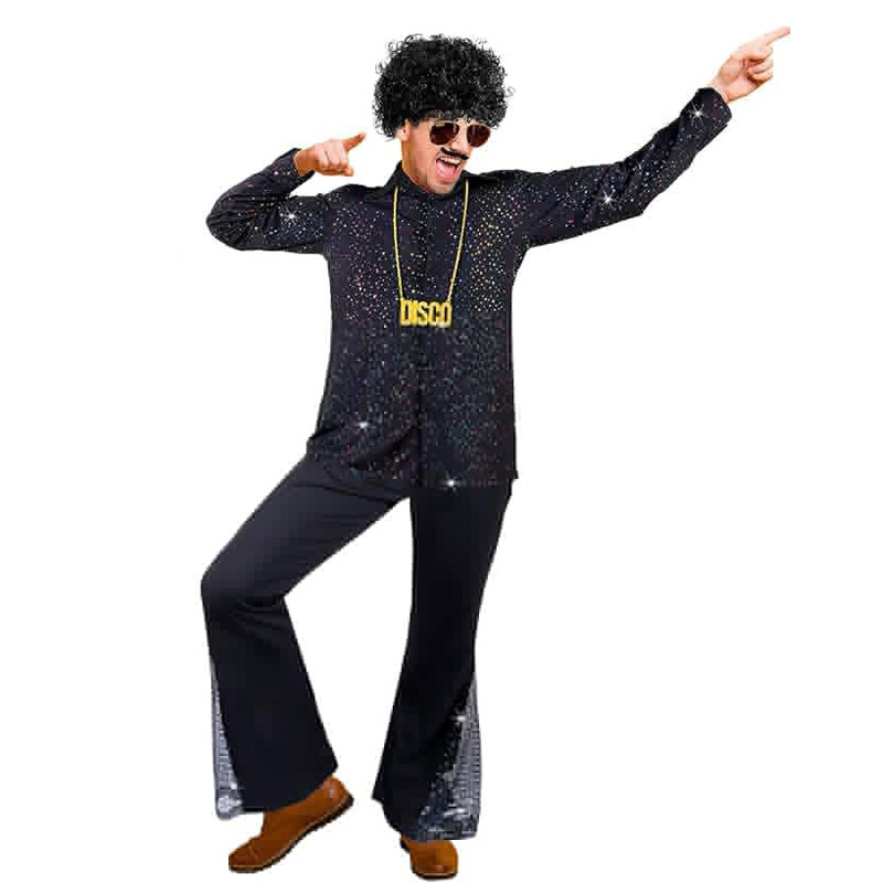 Costume d'halloween Hippie des années 60 et 70, pantalon à paillettes, chemise, hauts, bas de cloche, pantalon évasé pour hommes, tenue brillante de danse Disco pour chanteur