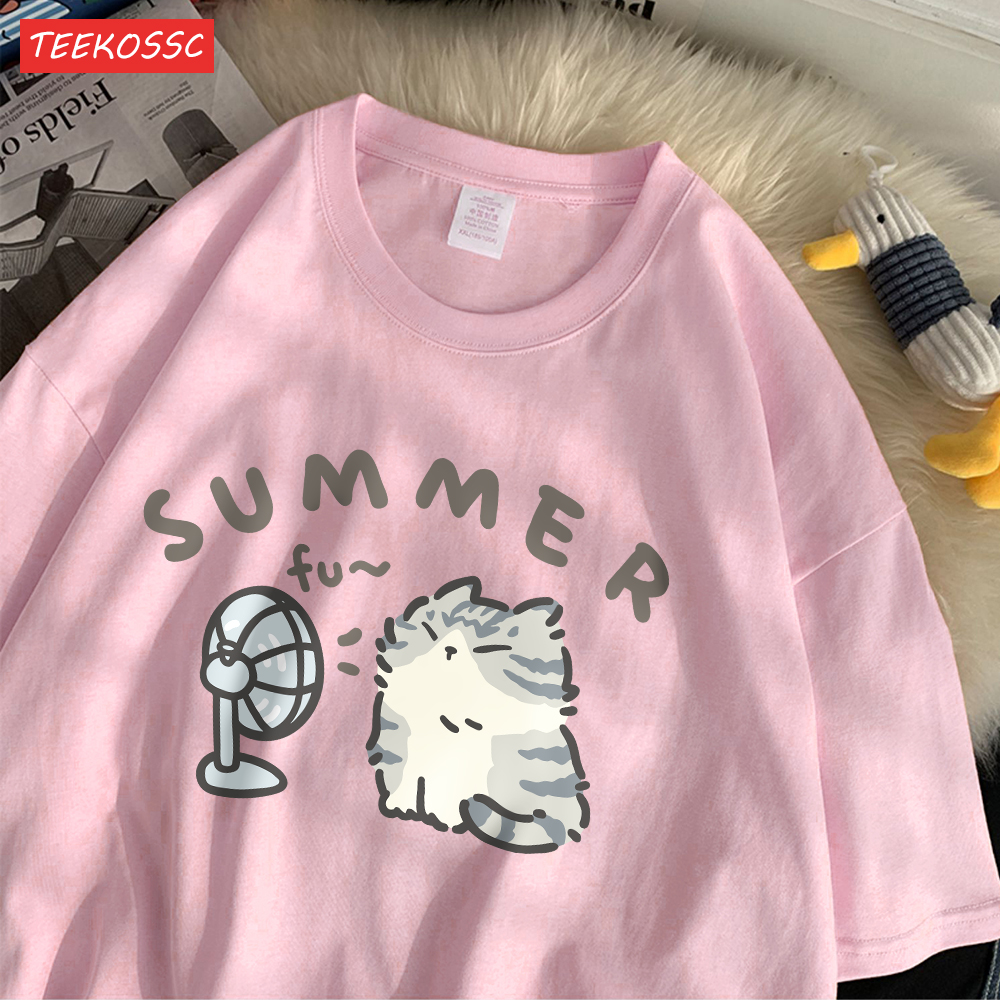 Mode coton femmes T-Shirts créatif été coup ventilateur chat imprime à manches courtes col rond ample respirant décontracté femme vêtements