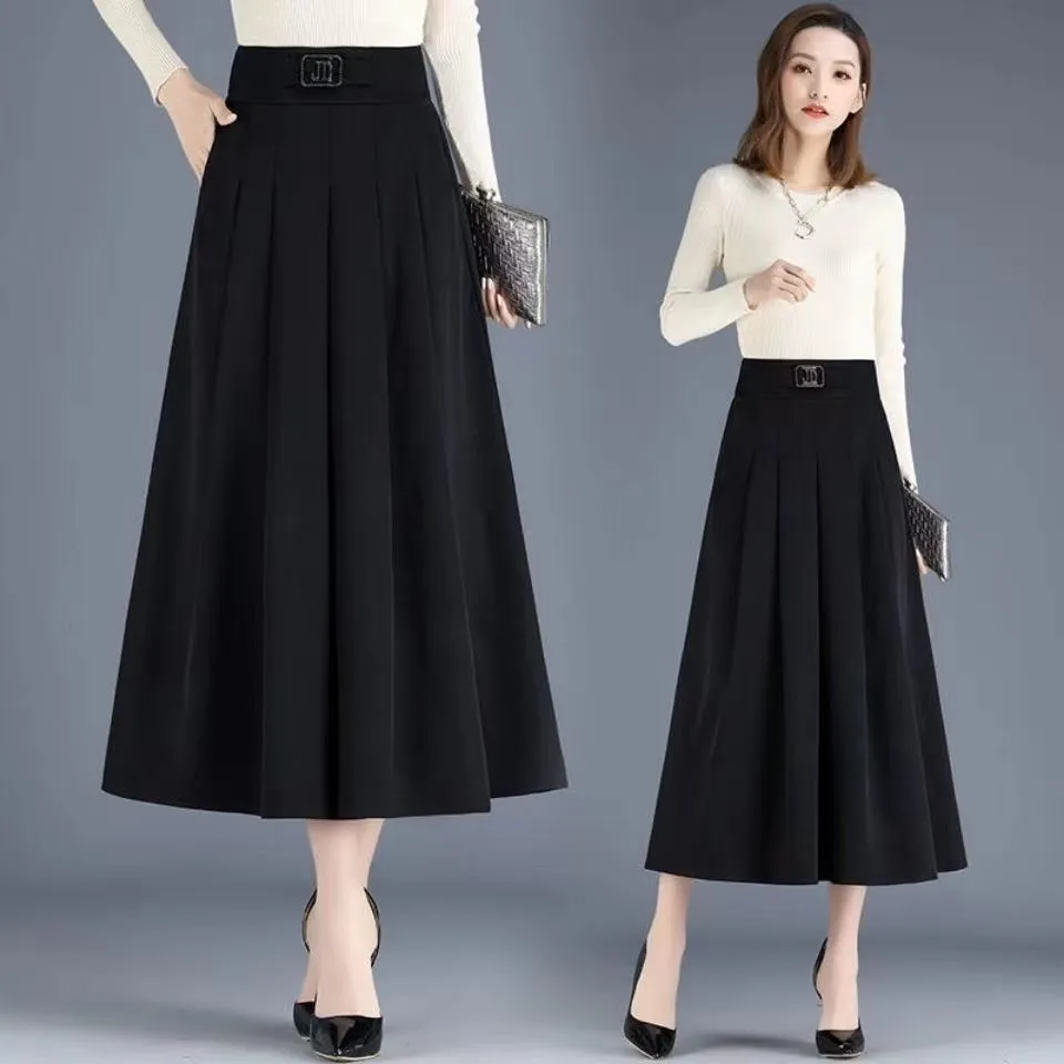 New Skirt Mid-length A-line Pleated Fashionable and Elegant Solid Color Versatile Casual High-waisted Large Hem Skirt