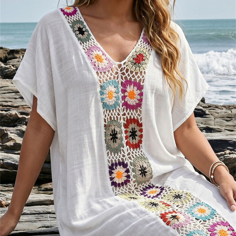 Robe de plage en crochet style bohème, kaftan long à fente, col en V, manches courtes, grande taille, pour vacances, plage, piscine, vente en gros