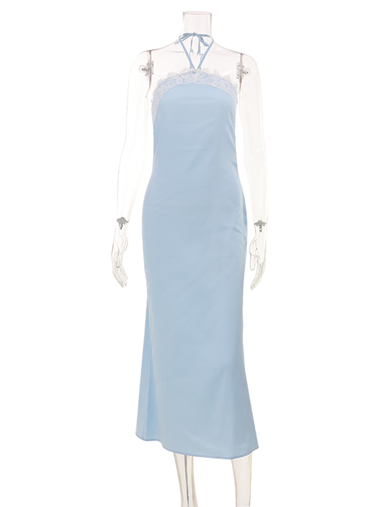 Robes Midi Chic Décontractées Lumineuses pour Femmes, Style Urbain Français, avec Dentelle et Patchwork, Col Montant, Coupe Moulante, Sans Manches, Douces, pour l'Été