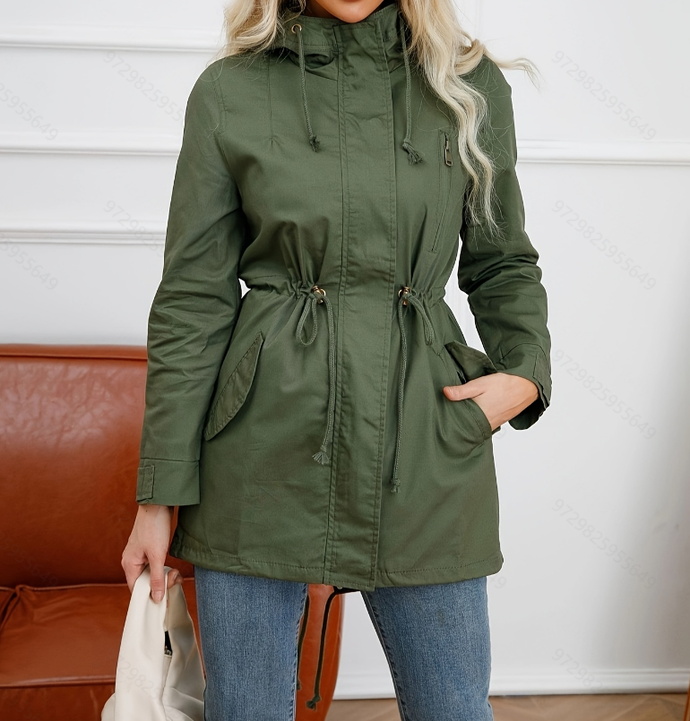 Veste utilitaire à capuche pour femme, manches longues, taille ajustable avec cordon, parka avec poches pour le printemps et l'automne