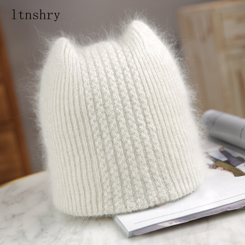 Bonnet en fourrure de lapin Angola pour femme, tricoté, doux et chaud, décontracté, nouvelle collection hiver bonnet femme hiver